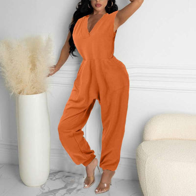 Solid Sleeveless V-Neck Casual Jumpsuit