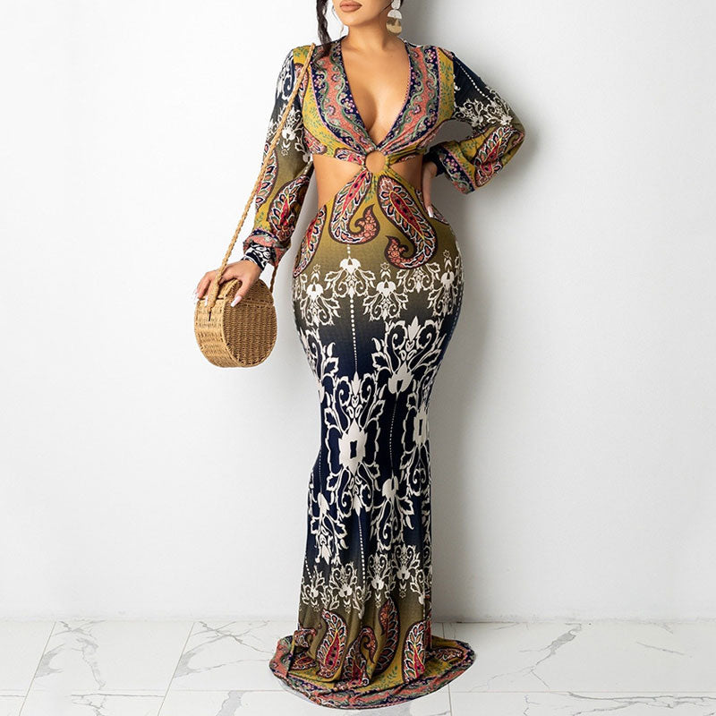 Print Deep V-Neck Long Sleeve Cut Out Floor-Length Dress