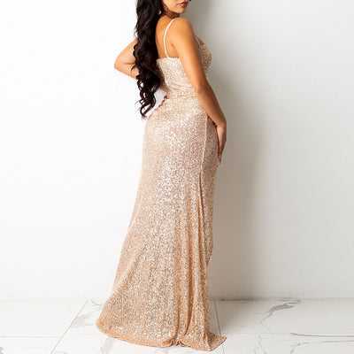 Sequins Square Neck Sleeveless Spaghetti Strap High Slit Dress