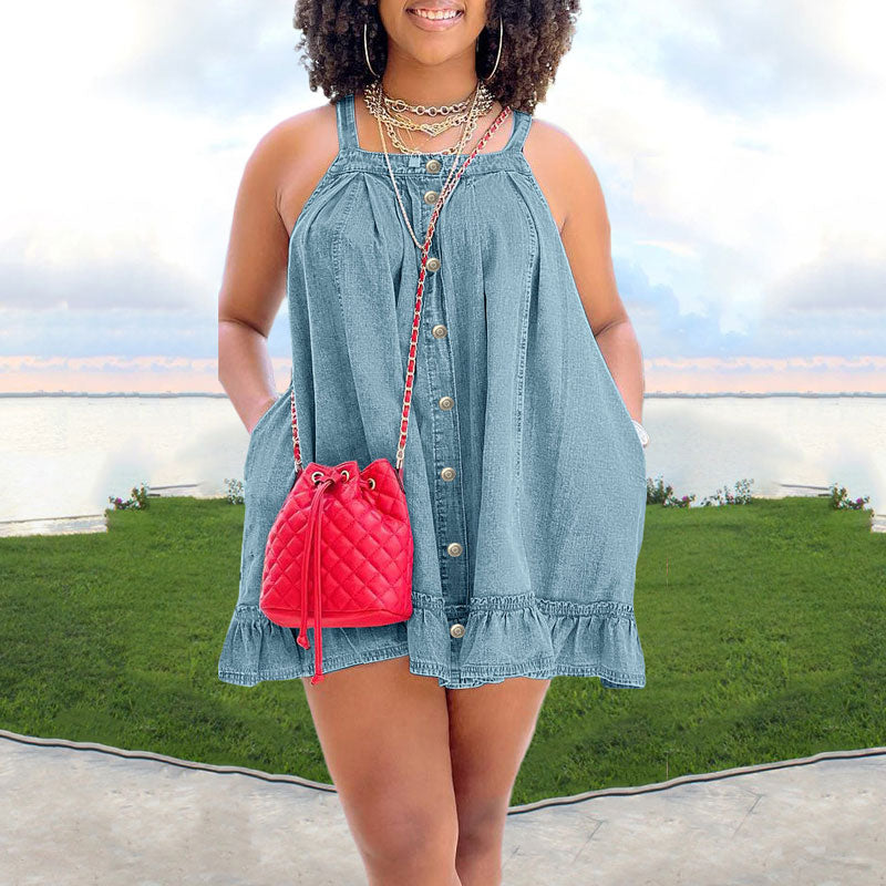 Solid Sleeveless Button Detailed Denim Dress