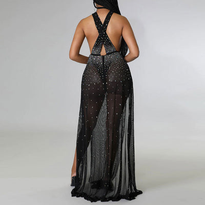 Rhinestone Halter Cut Out Sheer Mesh High Slit Maxi Dress