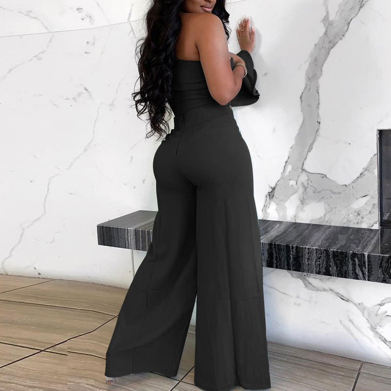 Solid One Shoulder Crop Top & High Slit Pants Set