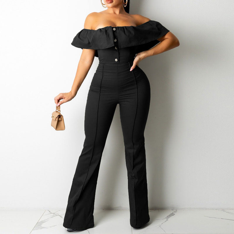 Solid Off Shoulder Button Detailed Ruffles Jumpsuit