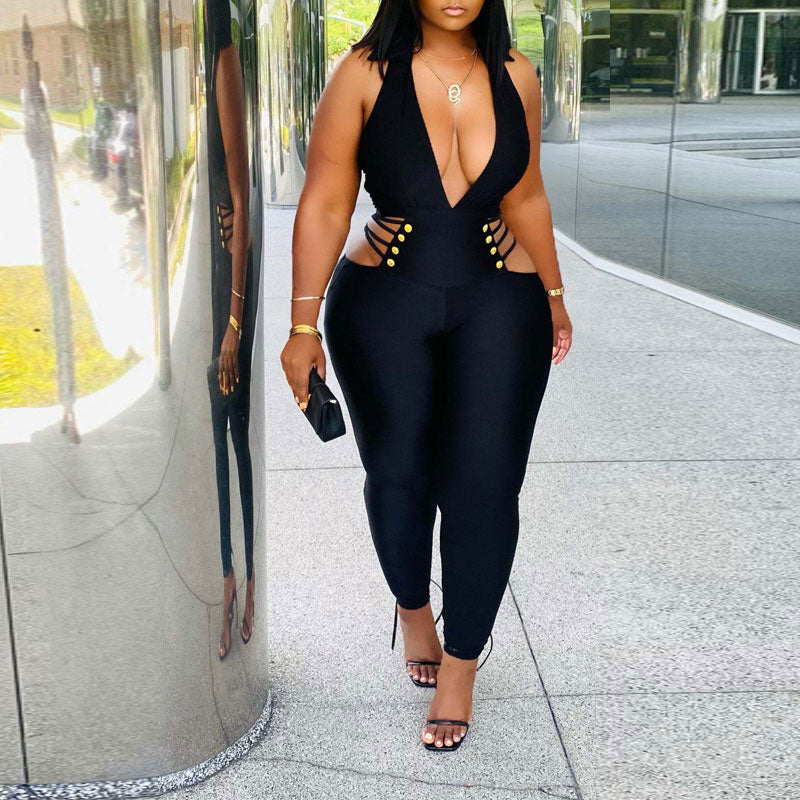 Solid Deep V-Neck Sleeveless Cut Out Jumpsuit