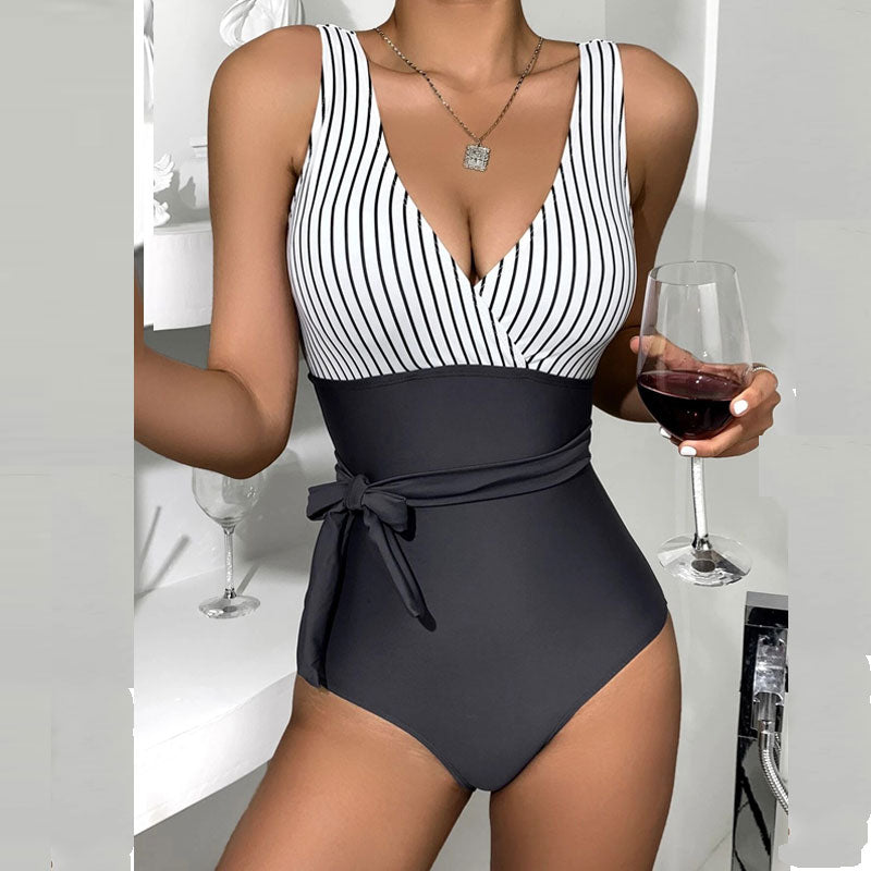 Colorblock Striped Print Belted One Piece Swimsuit