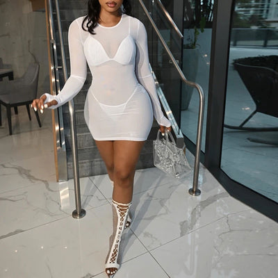 Solid Long Sleeve Sheer Mesh Three Piece Dress Set