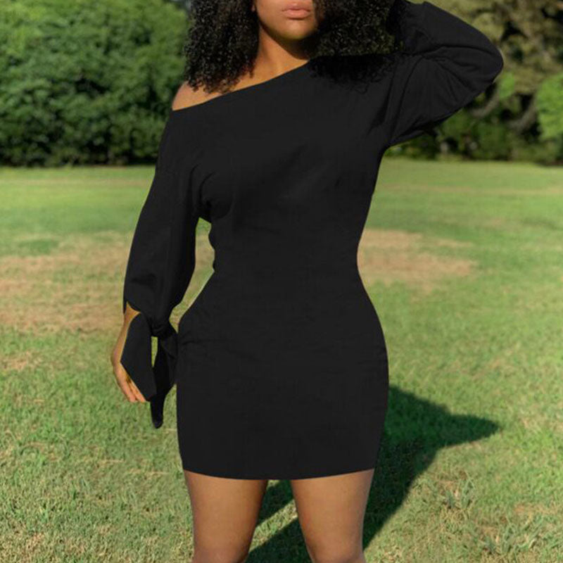 Solid One Shoulder Tied Long Sleeve Bodycon Dress