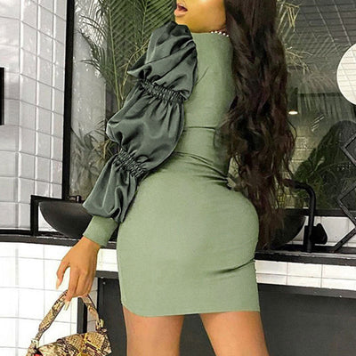 Colorblock Puff Sleeve Bodycon Dress