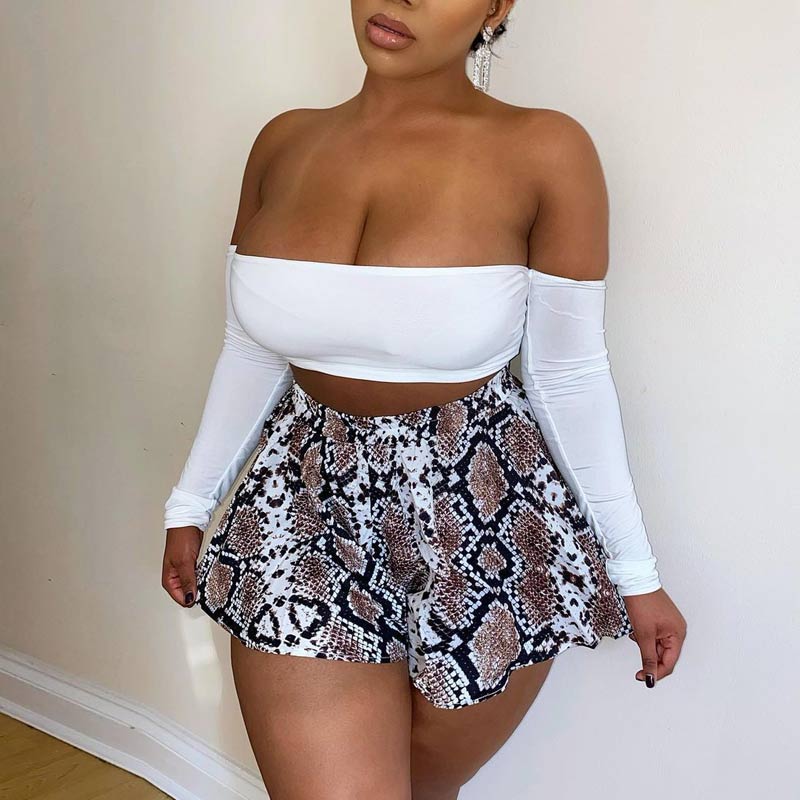 Snakeskin Patter Off Shoulder Crop Top & Skitr Set