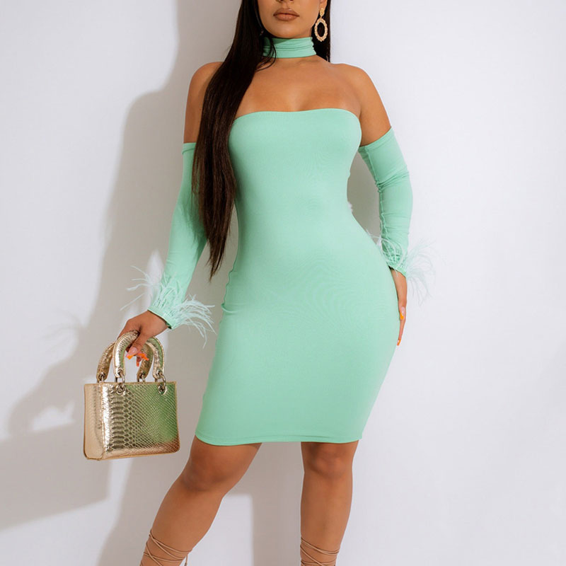 Solid Off Shoulder Long Sleeve Feather Design Bodycon Dress