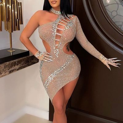 Rhinestone One Sleeve Cut Out Mini Dress