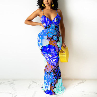 Floral Print V-Neck Sling Maxi Bodycon Dress