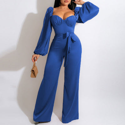 Solid Square Neck Long Sleeve Belted Jumpsuit