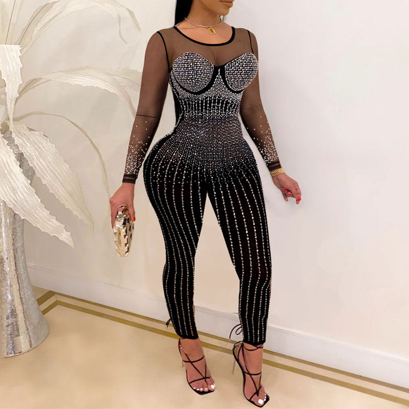 Rhinestone Sheer Mesh Patchwork Skinny Jumpsuit