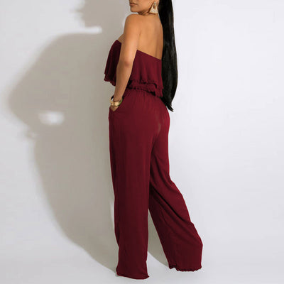 Solid Off Shoulder Ruffles Belted Jumpsuit