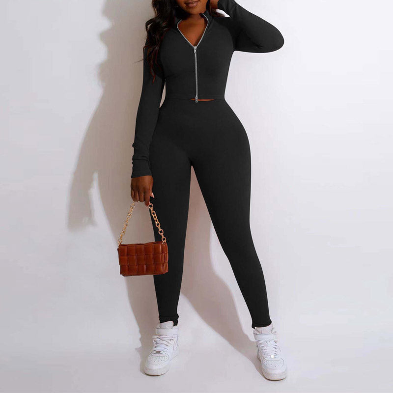 Solid Long Sleeve Zipper Design Top & Pants Set