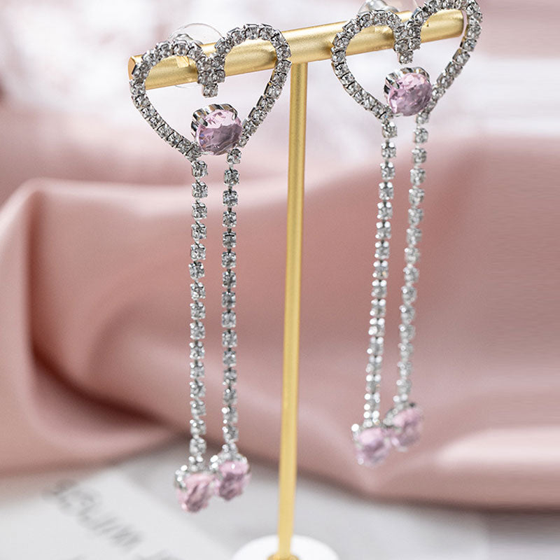 Rhinestone Heart Pattern Tassel Design Earrings