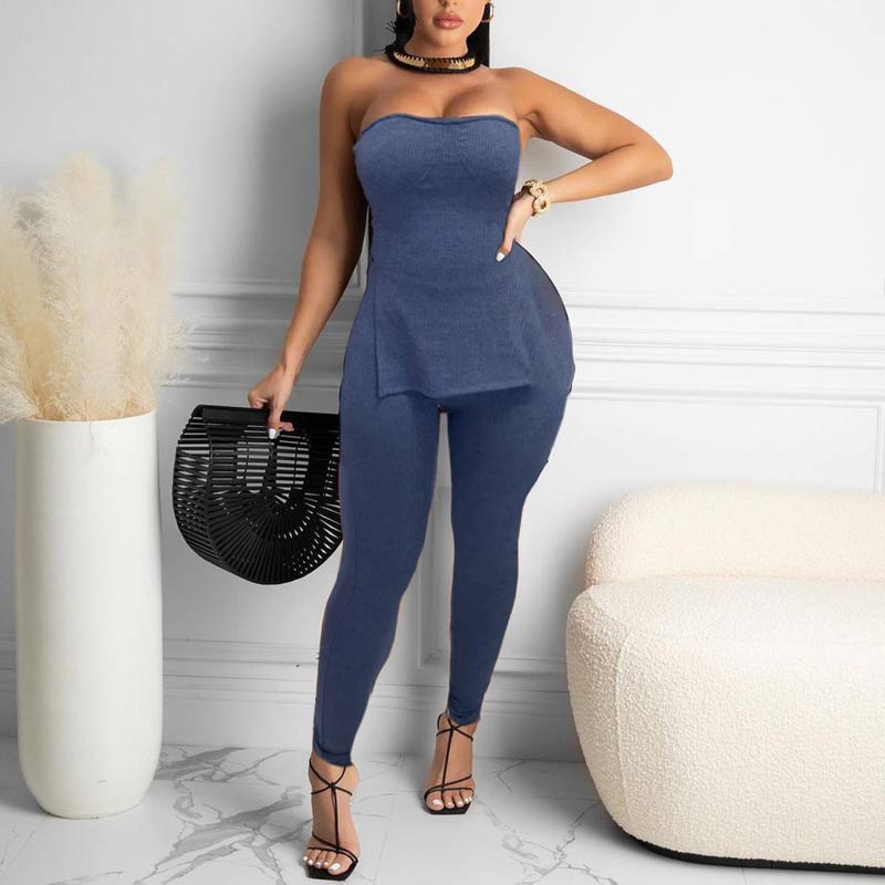 Solid Off Shoulder Slit Top & Pants Set