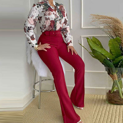 Floral Print Long Sleeve Blouse & Pants Set