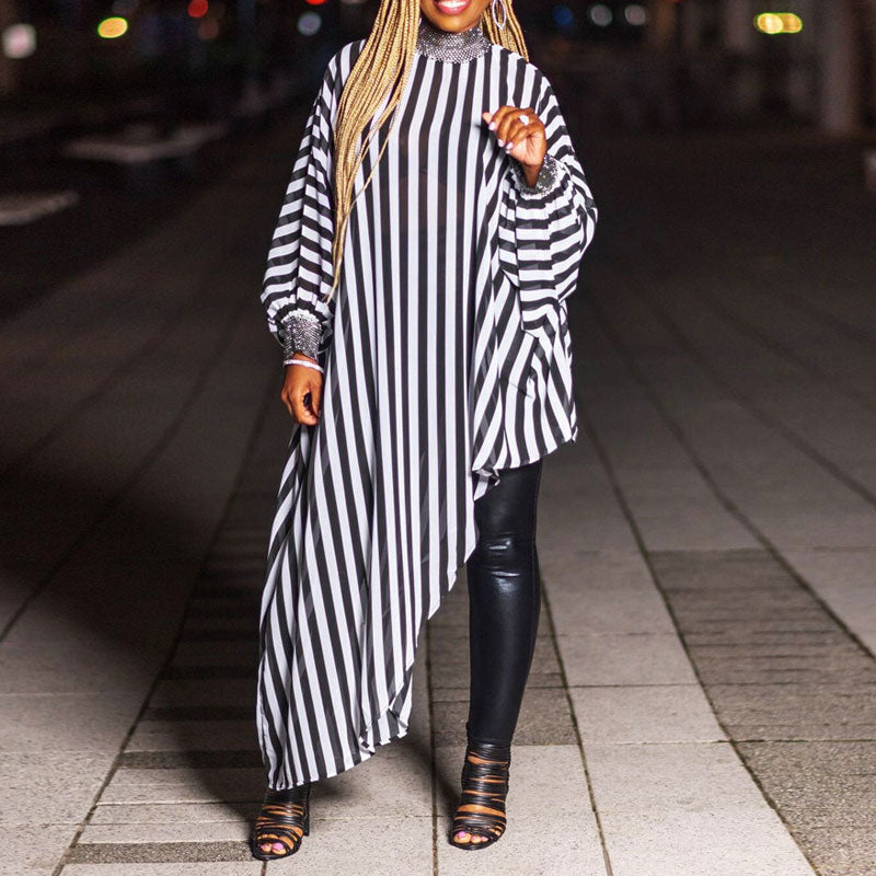 Striped Pattern Long Sleeve Asymmetrical Shirt Dress