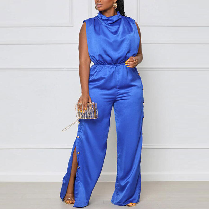 Solid Sleeveless Cowl Neck Button Detailed Slit Jumpsuit