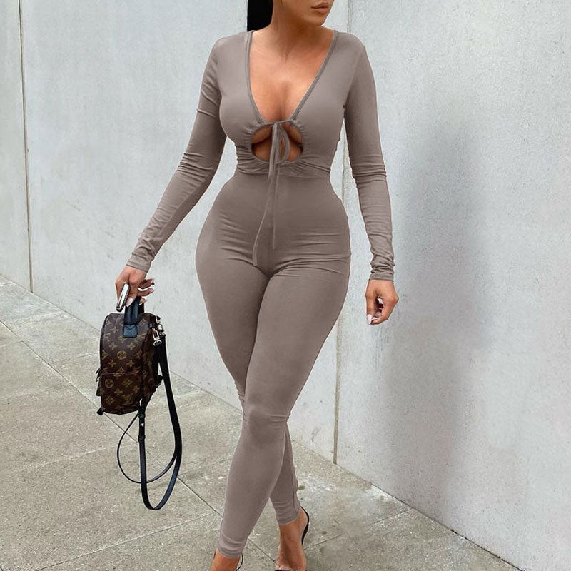 Solid Deep V-Neck Long Sleeve Tied Jumpsuit