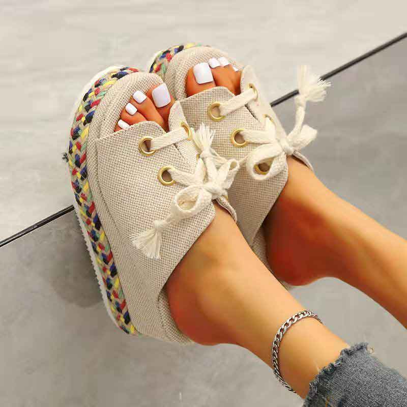 Colorblock Lace Up Braided Wedge Sandals