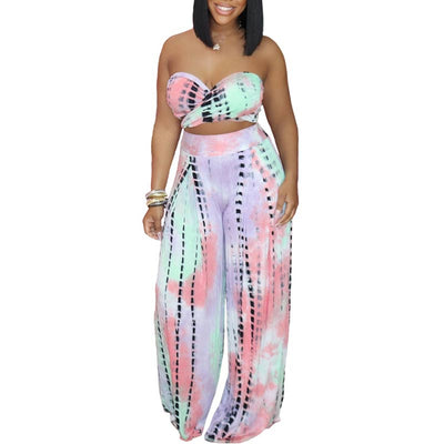 Tie Dye Print Halter Crop Top & Wide Leg Pants Set