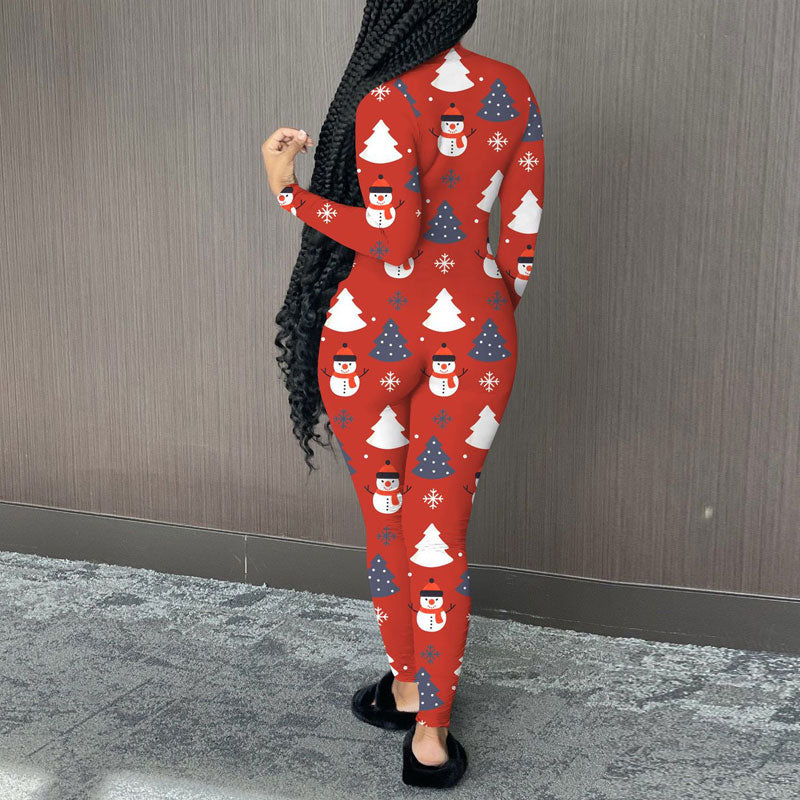 Christmas Print Long Sleeve Zipper Design Jumpsuit