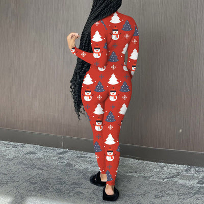 Christmas Print Long Sleeve Zipper Design Jumpsuit