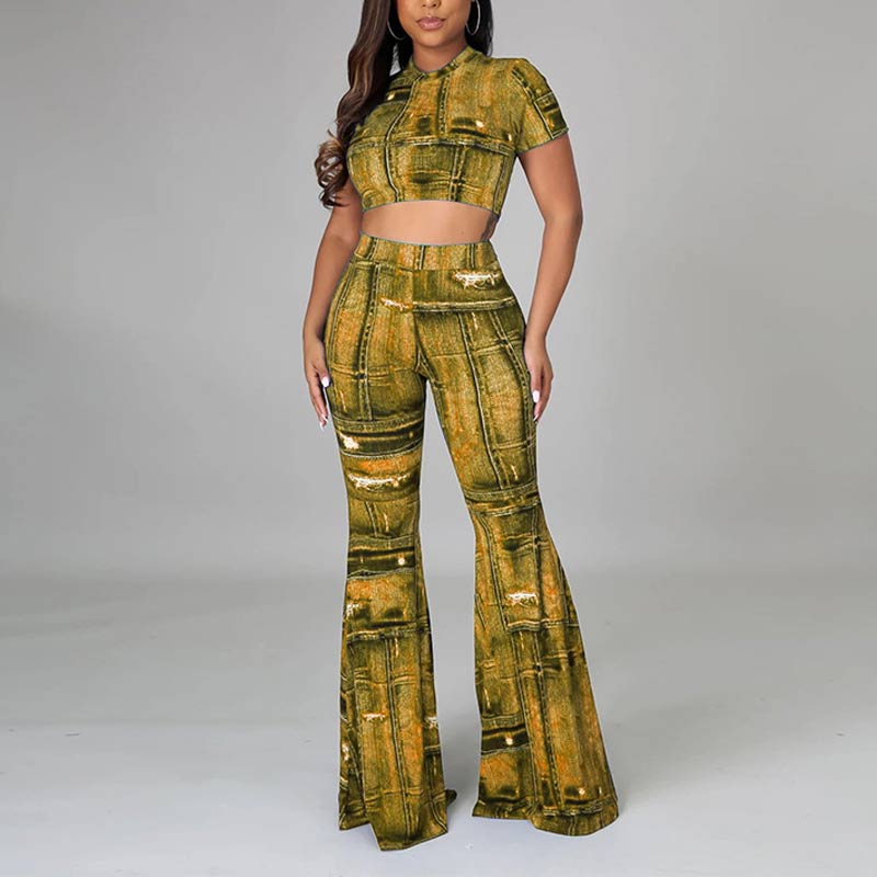 Print Short Sleeve Crop Top & Pants Set