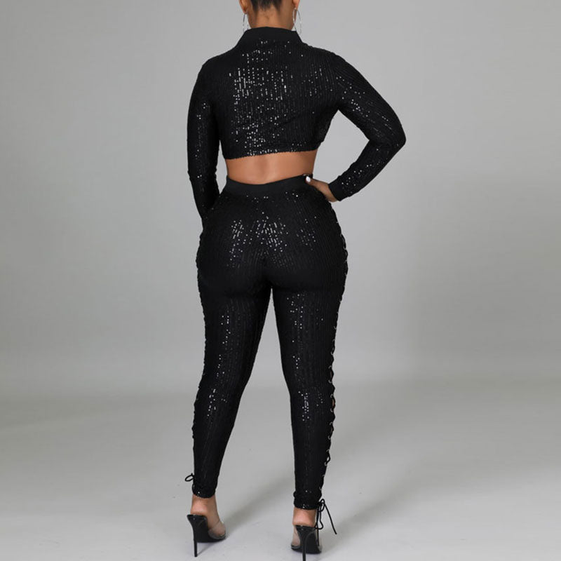 Sequins Long Sleeve Bandage Crop Top & Lace Up Pants Set