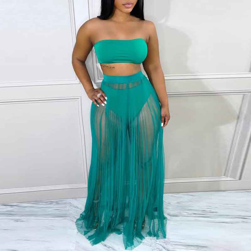 Solid Sleeveless Tube Top & Sheer Mesh Skirt Set