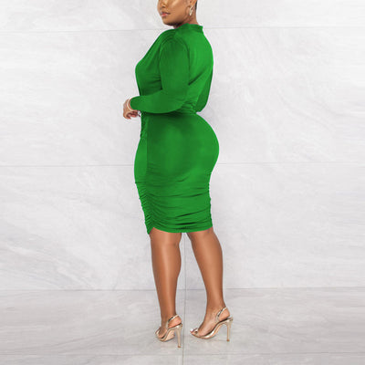 Solid Deep V-Neck Long Sleeve Ruched Bodycon Dress