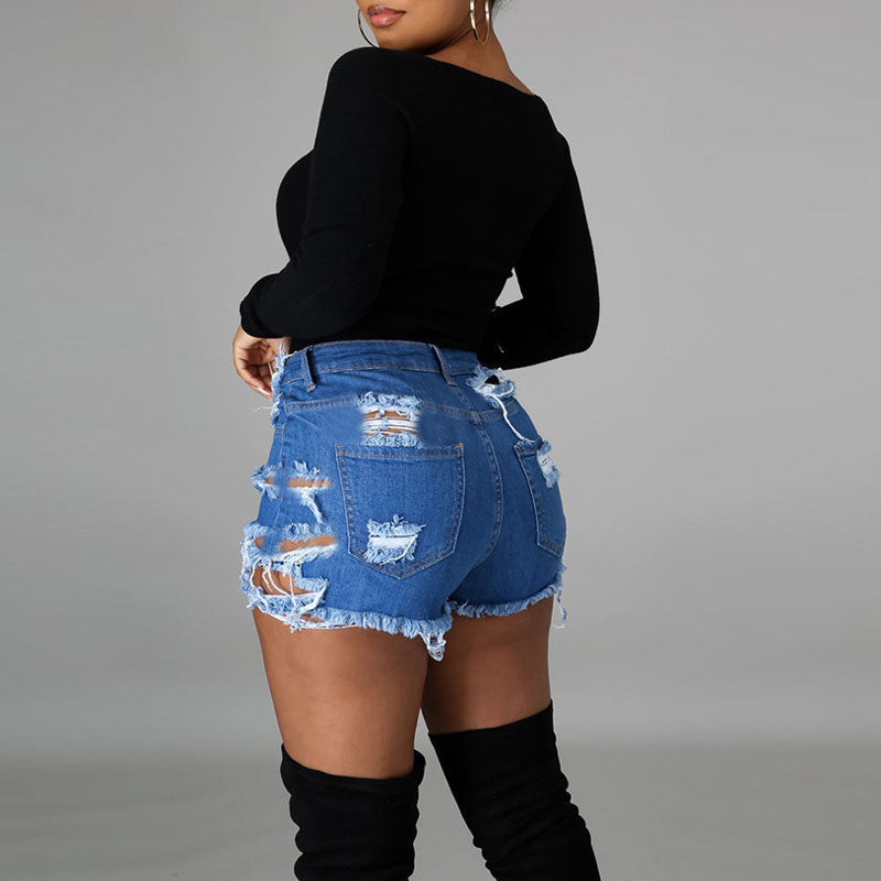 Solid Cut Out High Waist Denim Shorts