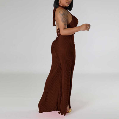 Solid Halter Backless Top & High Slit Pants Set