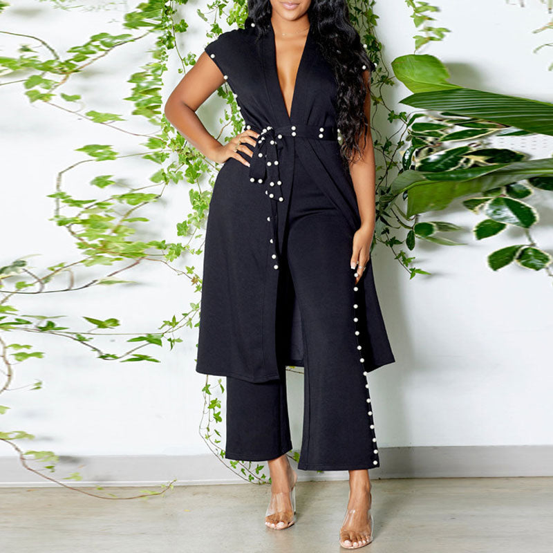 Beaded Deep V-Neck Belted Top & Wide Leg Pants Set