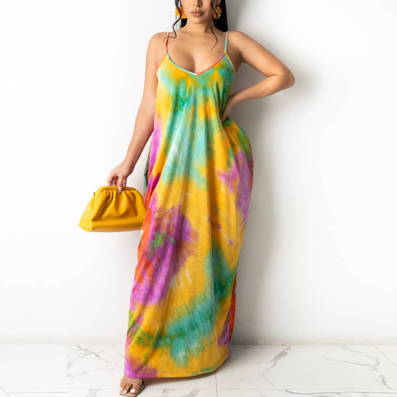 Tie Dye Print Sleeveless Loose Maxi Dress