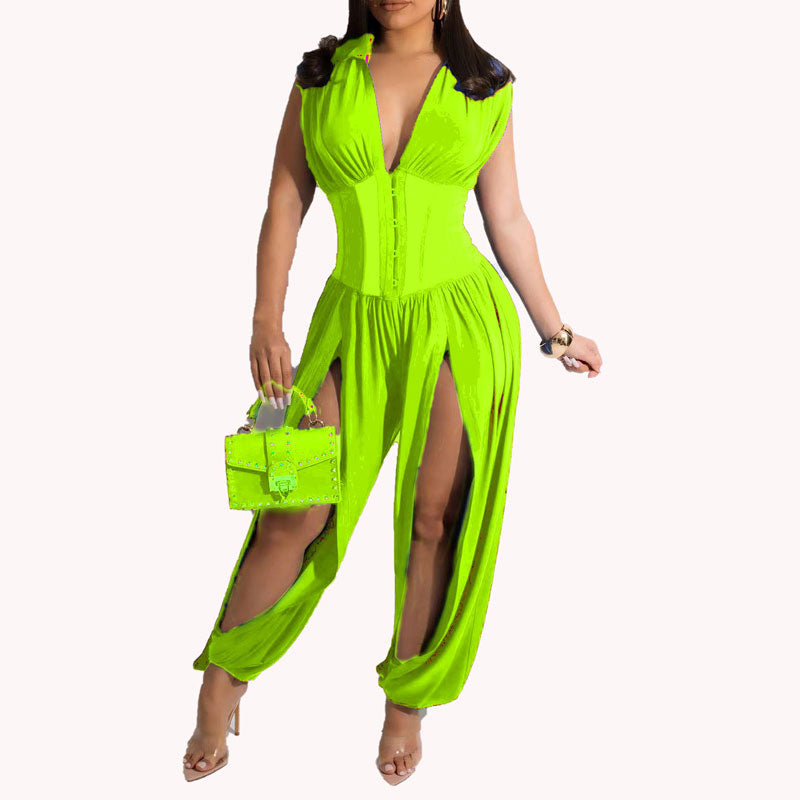 Solid V-Neck Sleeveless High Slit Jumpsuit