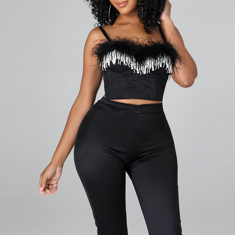 Beaded Feather Design Crop Top & Pants Set