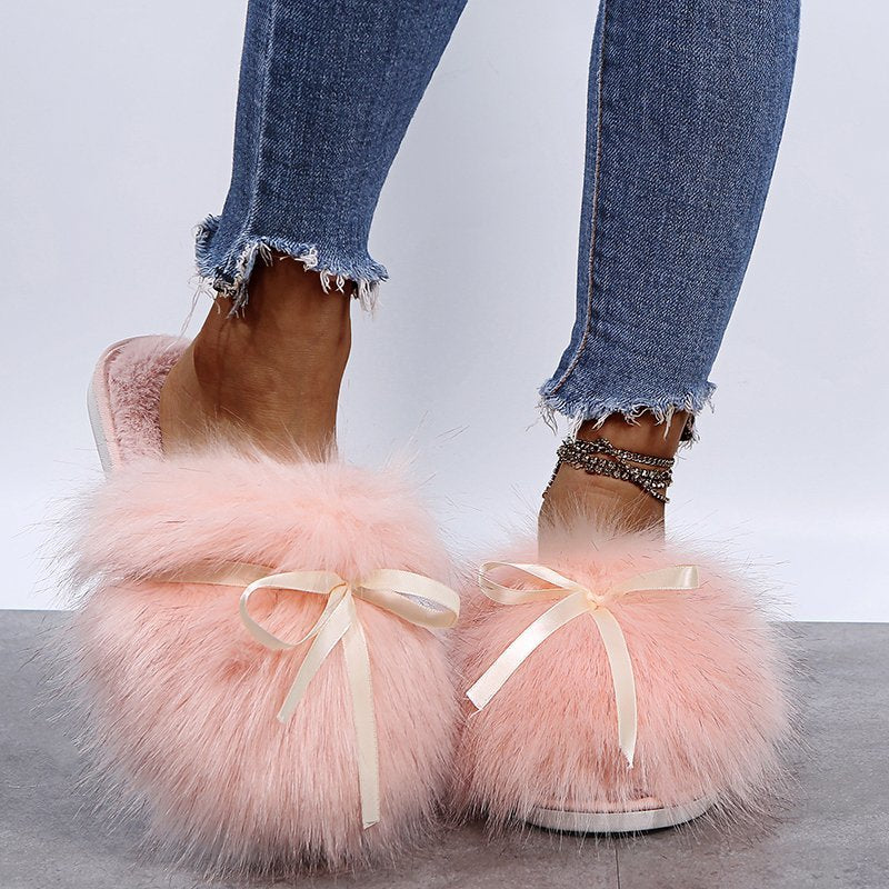 Solid Bowknot Decoration Fluffy Sandals