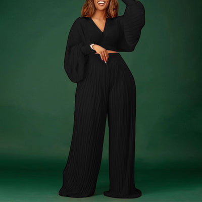 Solid V-Neck Lantern Sleeve Crop Top & Wide Leg Pants Set