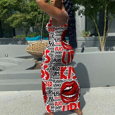 Lips Print Deep V-Neck Sleeveless Maxi Dress