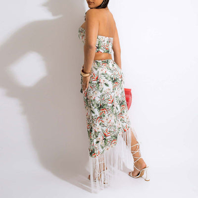 Floral Print Tube Top & Tassel Design Skirt Set