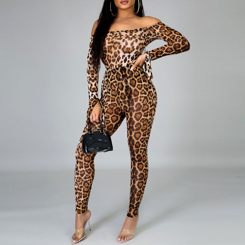 Leopard Print Long Sleeve Romper & Pants Set