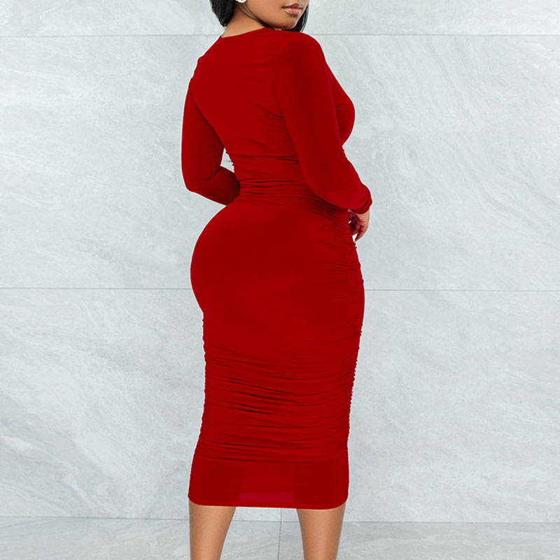 Solid Deep V-Neck Long Sleeve Midi Dress