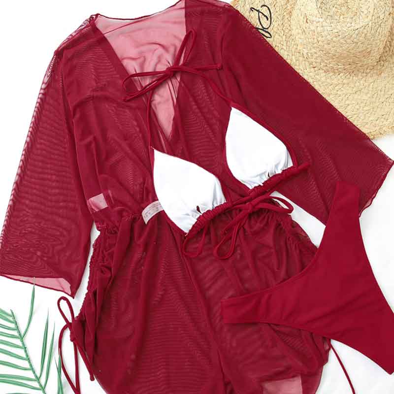 Solid Sheer Mesh 3PCS Swimsuit Set