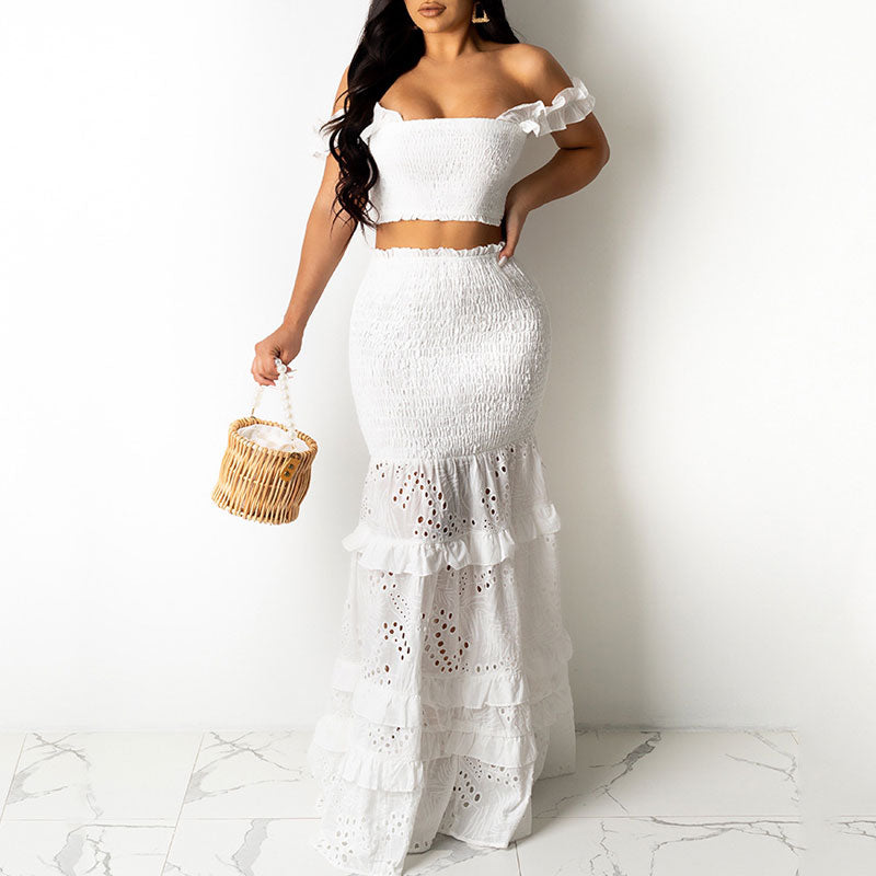 Solid Off Shoulder Tube Top & Hollow Out Skirt Set