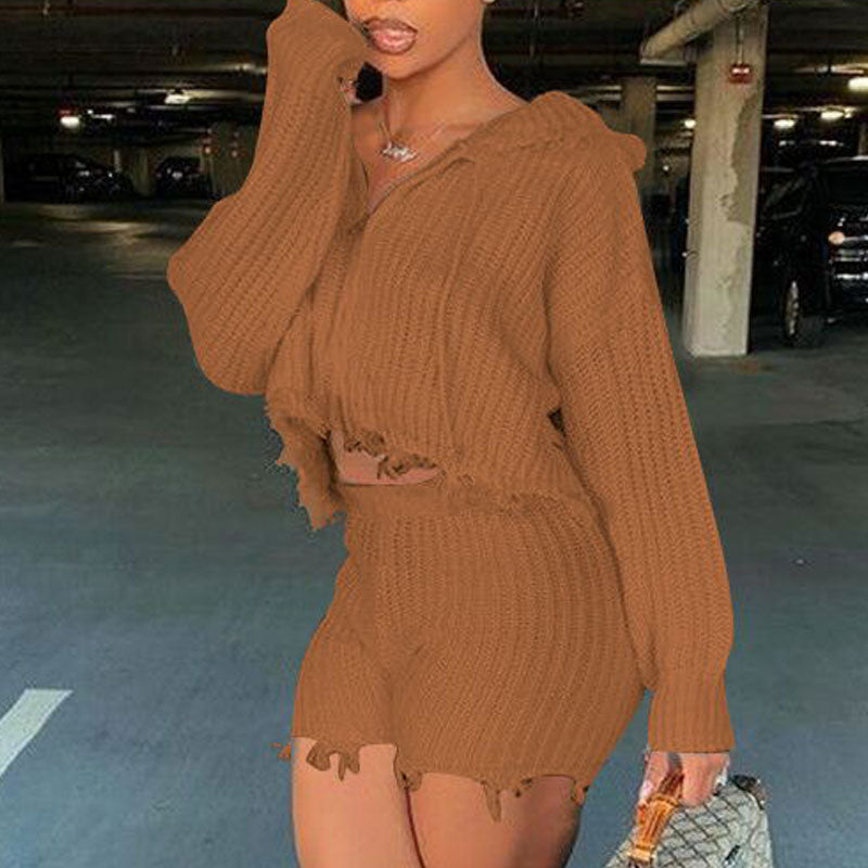 Solid Long Sleeve Hoodie Sweater & Shorts Set