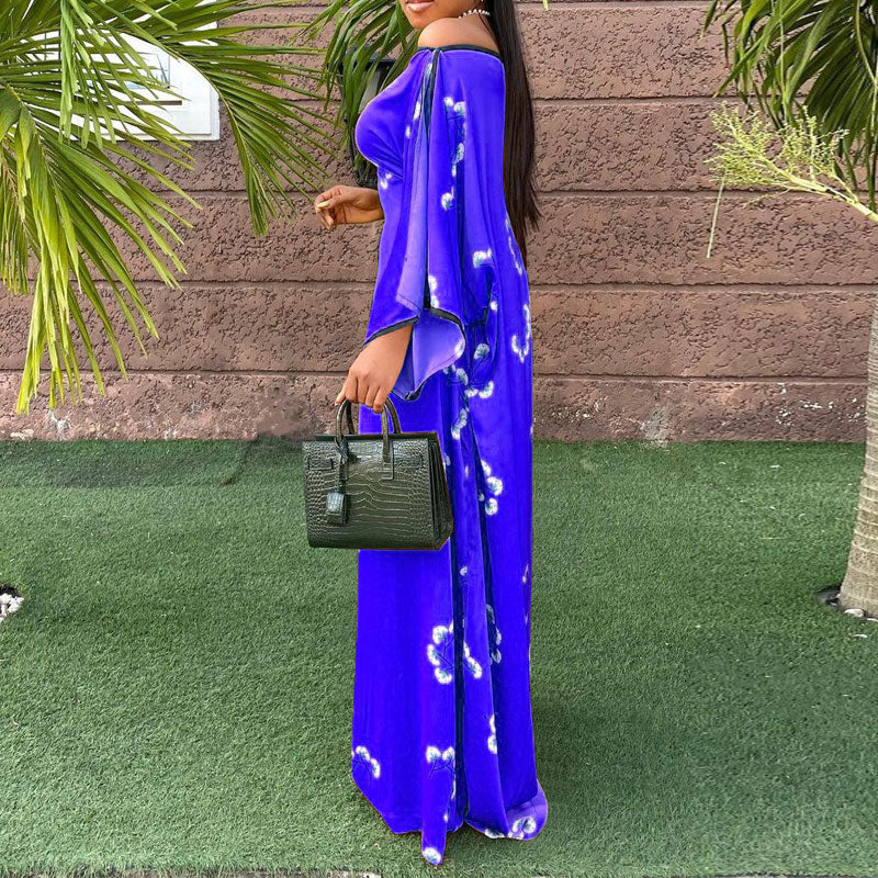 Print Off Shoulder Slit Sleeve Floor Length Dress